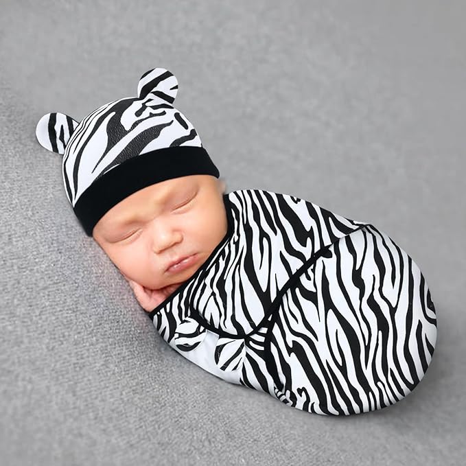 Cinaci 2 Pieces Adjustable Soft Cotton Baby Swaddle Sleep Sacks Hats Newborn Nursery Caps Beanies Bonnets Swaddle Blanket Wraps for Baby Girls Boys Infants Newborns (2PCS S14)