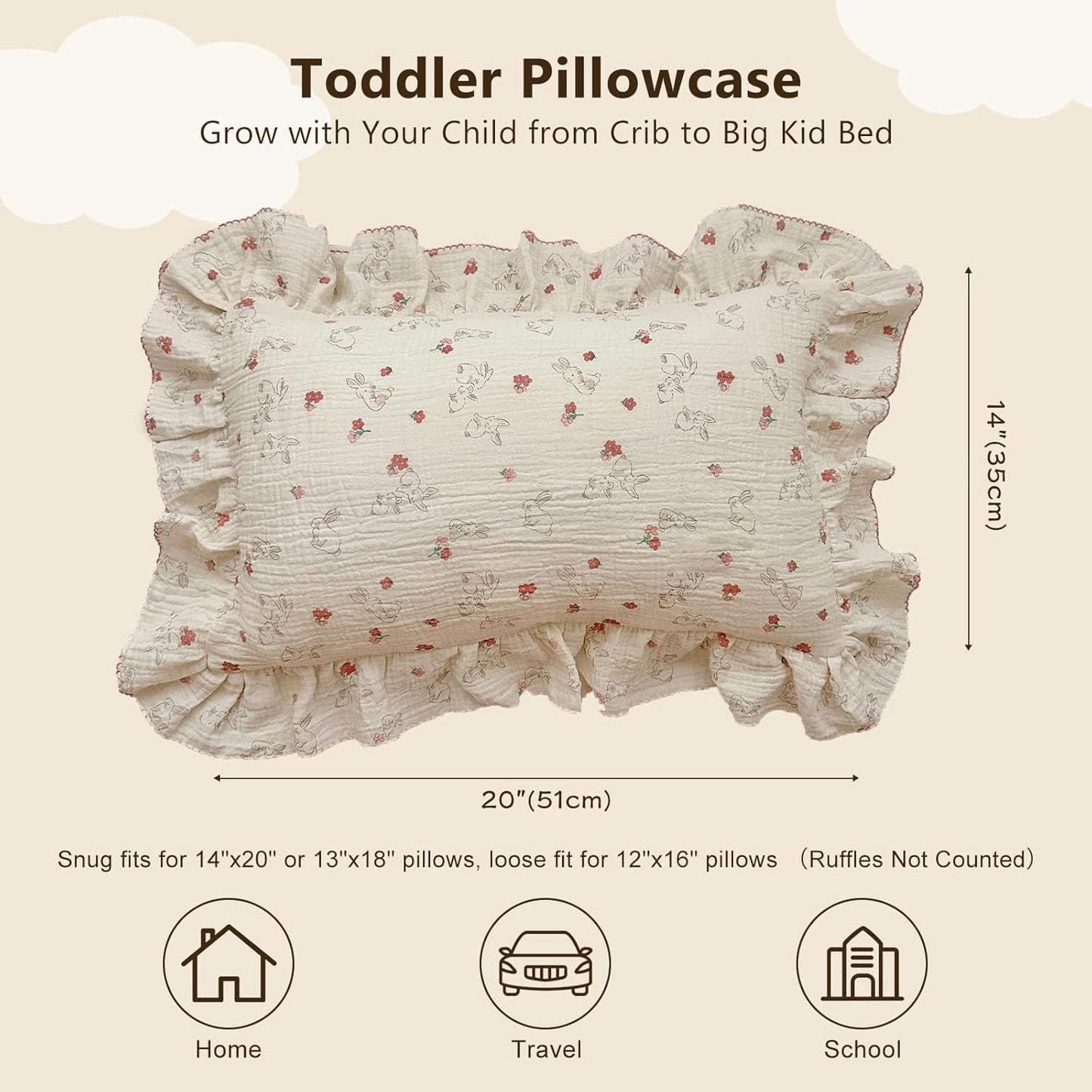 BuLuTu Cute Flower Rabbit Toddler Pillowcase for Girls Boys Soft Breathable Muslin Cotton Kids Pillow Covers, Animal Themed Small Pillow Case for Crib/Toddler Bed, 14"x20", Envelope Closure