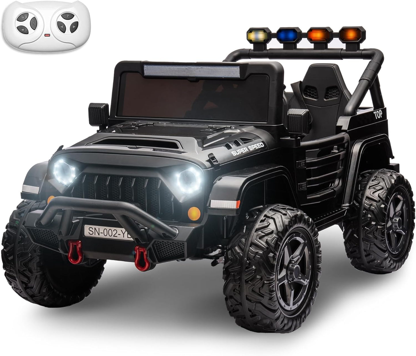 24V 2 Seater Ride On Truck with Remote Control 4WD Electric Car for Kids Ride On Car Battery Powered Ride On Toy Car with Music Player, LED Lights, Bluetooth, Rear Shock Absorber, Black