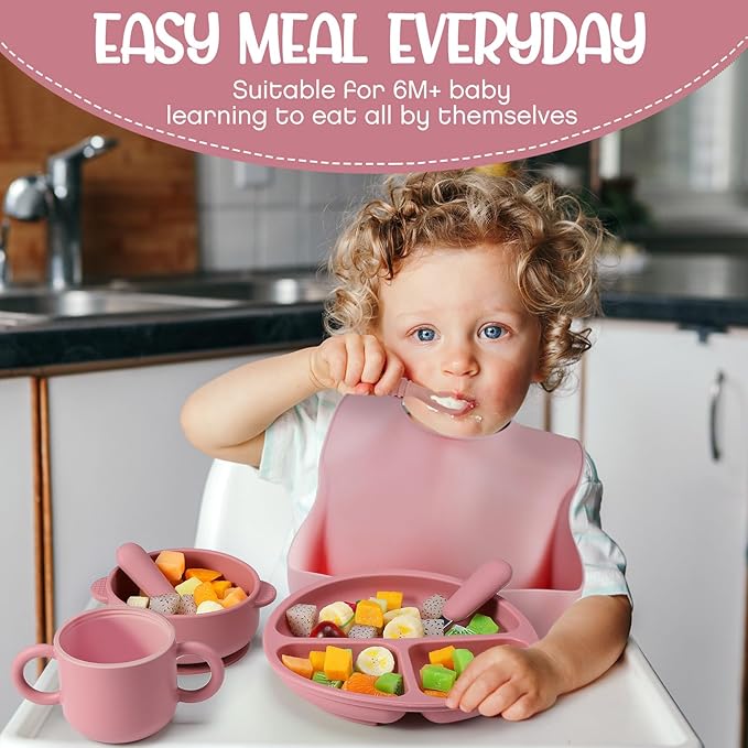 Yinder 24 Pack Silicone Baby Feeding Set Baby LED Weaning Supplies Includes Suction Divided Plates Soft Bowl Spoons Forks Adjustable Bib Snack Cup and Straws(Dark Pink, Dusty Pink, Peach Color)