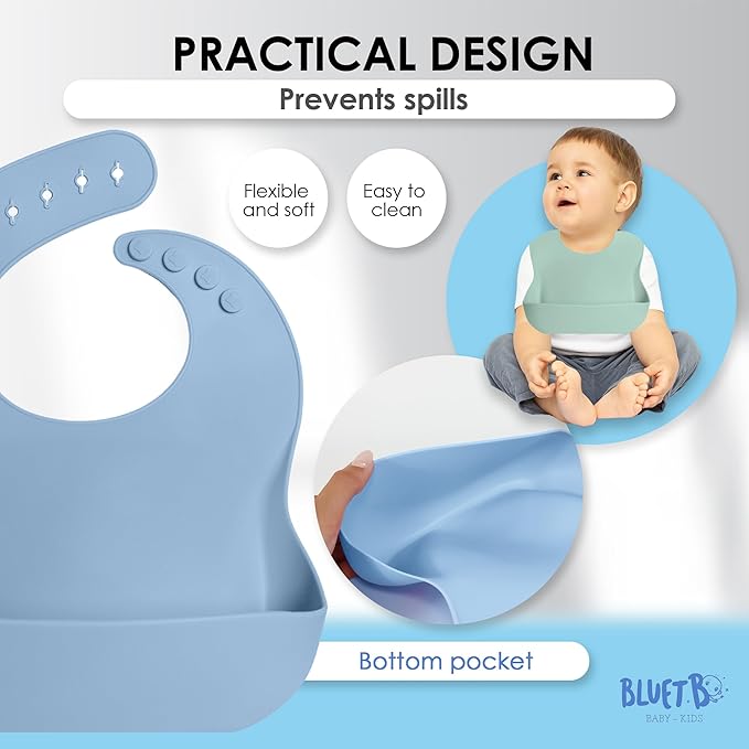 Bluet B - Set of 3 Waterproof Silicone Baby Bibs - BPA Free Silicone Baby Bib - Flexible and Soft