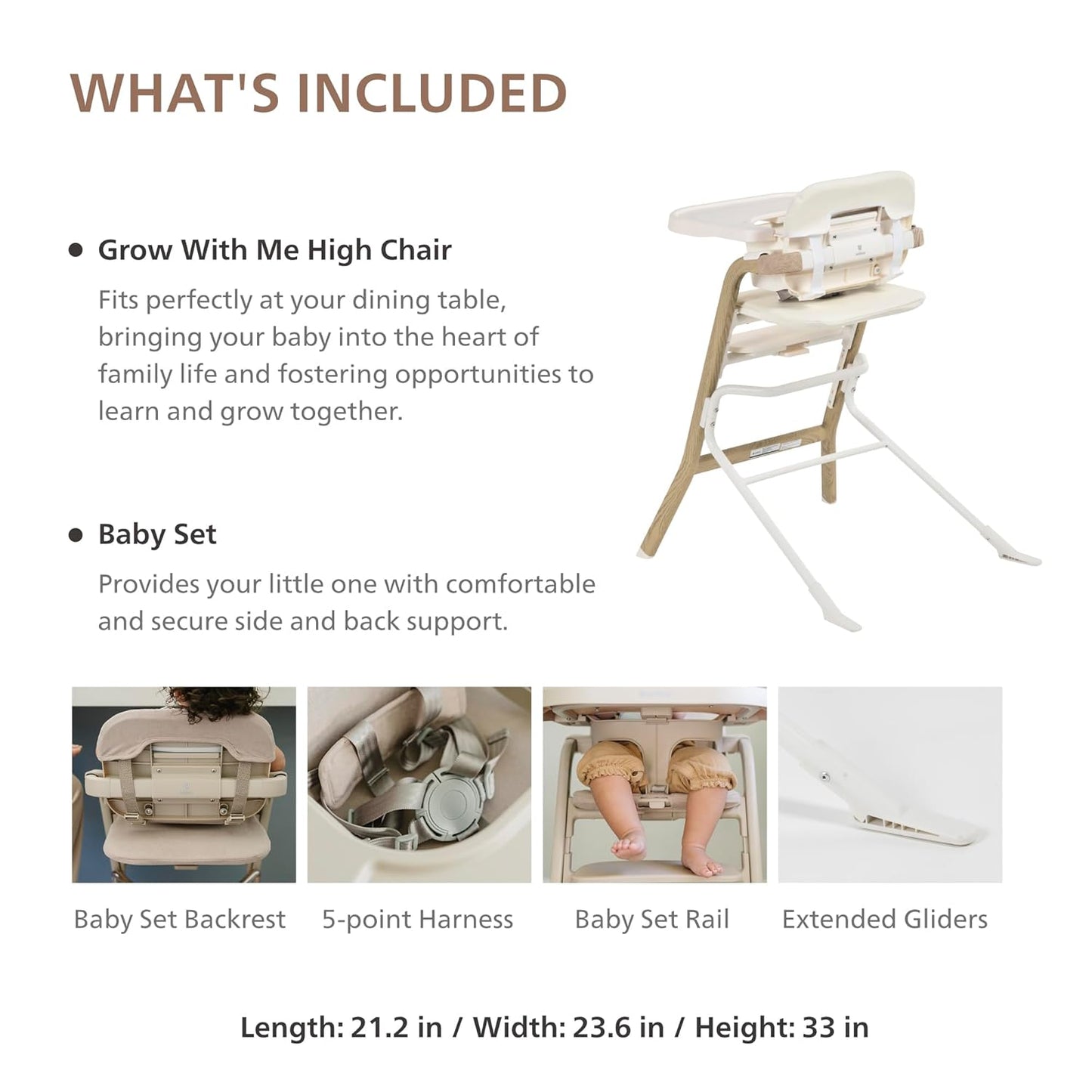 Unilove Grow with Me 2-in-1 Baby High Chair – Adjustable Toddler Chair with Baby Set, Removable Harness, One-Hand Seat & Footrest Adjustment, for Ages 6-60 Months - Vanilla White