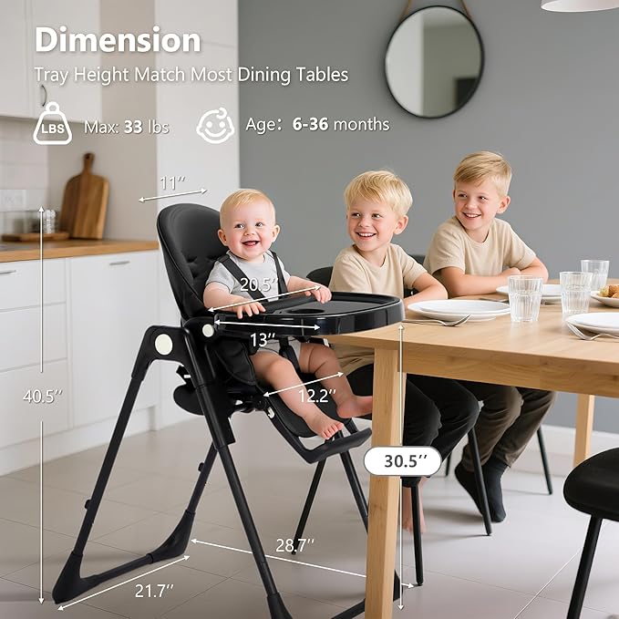 Kinder King Convertible High Chair for Babies & Toddlers, Adjustable Baby Feeding High Chair with Removable Double Tray, Simple Compact Fold for Space-Saving, 2 Built-in Wheels, Easy to Clean, Black