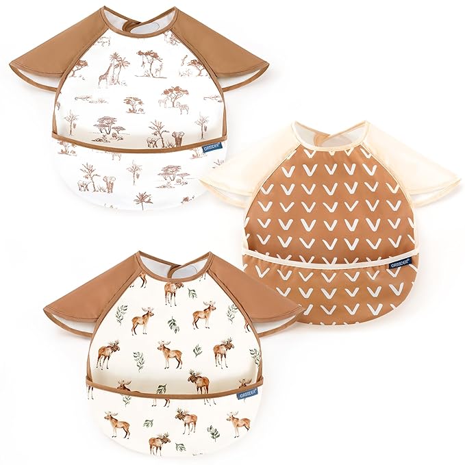 GRSSDER 3-pack Mess Proof Baby Feeding Bibs with Food Catcher Pocket, Soft Lightweight Waterproof Fabric Material with Zero Plastic-like Feel, Adjustable and Easy Clean Toddler Bibs for 6-36 Months