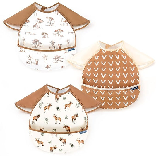 GRSSDER 3-pack Mess Proof Baby Feeding Bibs with Food Catcher Pocket, Soft Lightweight Waterproof Fabric Material with Zero Plastic-like Feel, Adjustable and Easy Clean Toddler Bibs for 6-36 Months