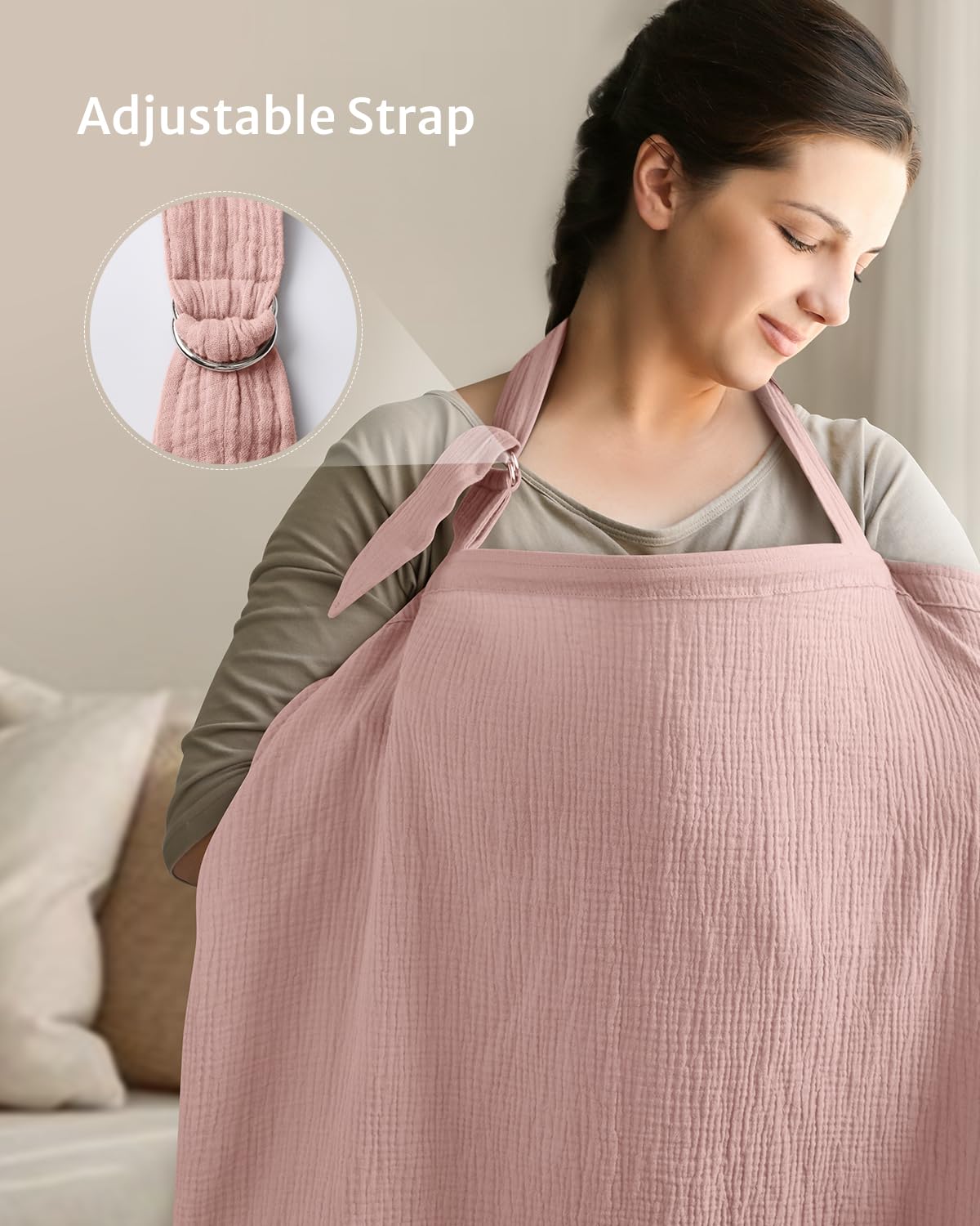 Blissful Diary Muslin Nursing Cover for Breastfeeding, Breathable Breastfeeding Cover up with Arch Neckline for Women, Nursing Apron(Pink)