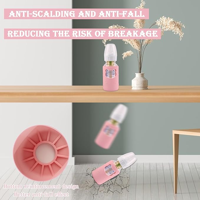 4 Pack Silicone Sleeves for Dr Brown's Glass Baby Bottles, Anti Breakage Baby Bottle Holder, Compatible Dr. Brown's Natural Narrow Glass Baby Bottles 4 oz, BPA Free (White+Pink+Purple+Orange)