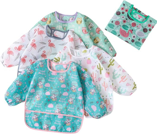 5 Pcs Long Sleeved Baby Toddler Bibs Waterproof Sleeved Bib 3-24 Months