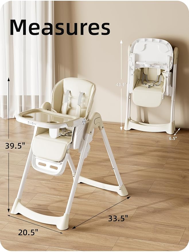 High Chair, Foldable High Chairs for Babies and Toddlers with Removable Tray, Height Adjustable Feeding Chair, Adjustable Backrest and Footrest, Beige