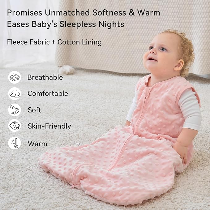 Fleece Baby Sleep Sack 12-18 Months with Plush Dots 1.5 Tog Baby Wearable Blanket with 2-Way Zipper Warm Sleeping Sack for Toddler Infant - Large, Apricot & Pink