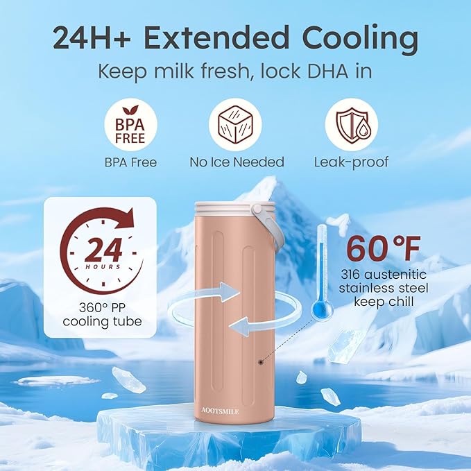 Portable Breast Milk Cooler for Travel, 22oz Large Capacity Breastmilk Chiller for Working Moms, 360° Cooling Keeps Milk Chilled 24 Hours, Includes 2 Baby Bottles, Breastfeeding Essentials