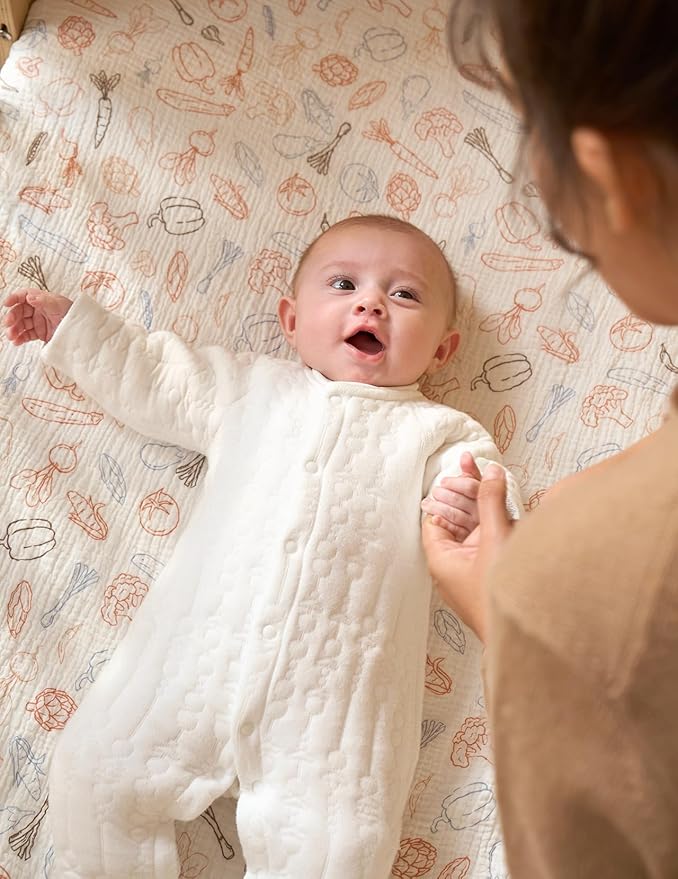 Momcozy Muslin Mini Crib Sheets Fitted - 38''x26'' Pack and Play Sheets for Pack N Play Mattress, 2 Pack Soft & Breathable Natural Cotton Non Slip Bed Cover for Boys, Girls, Farming Joy