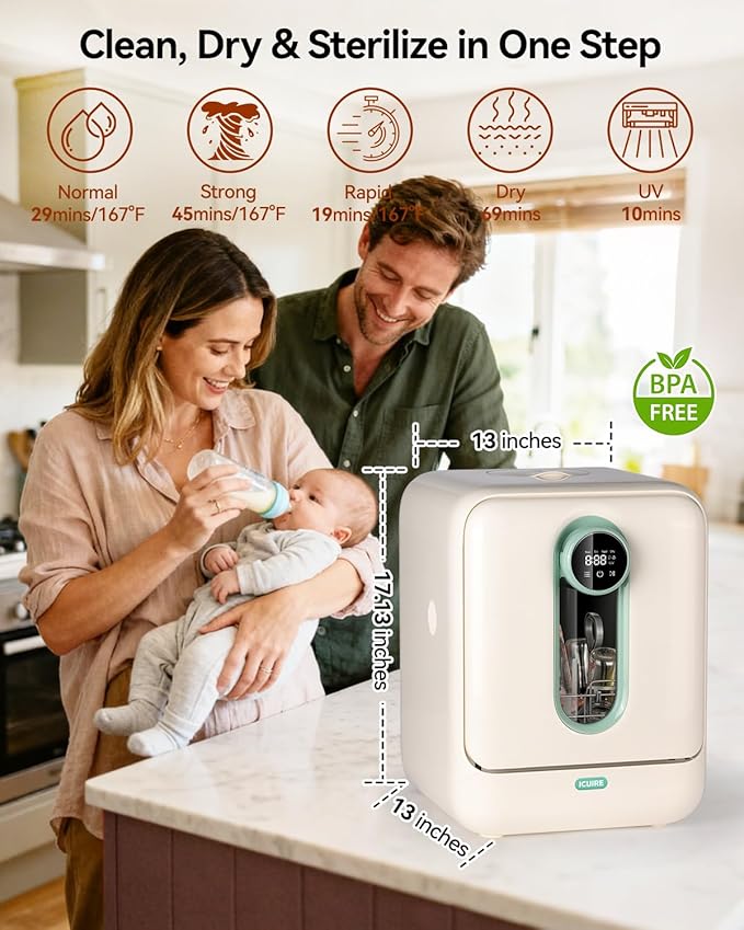 ICUIRE Baby Bottle Washer and Sterilizer and Dryer, 131-167°F High Temperature Sterilize for Baby Stuff, 3.2L Water Tank to Clean Bottles, Pump Part &Pacifiers&Bowl, Newborn Parents One-Hand Operation