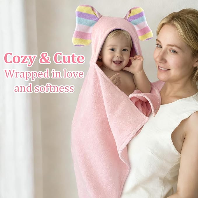 VOOVA & MOVAS Thick Baby Hooded Bath Towel - 100% Cotton,500GSM, 33x31.5 Inches,0-2Years,Super Absorbent Large Towel with Cute Elephant Ears Hood for Newborn, Baby, Infant, Baby Essentials,Pink