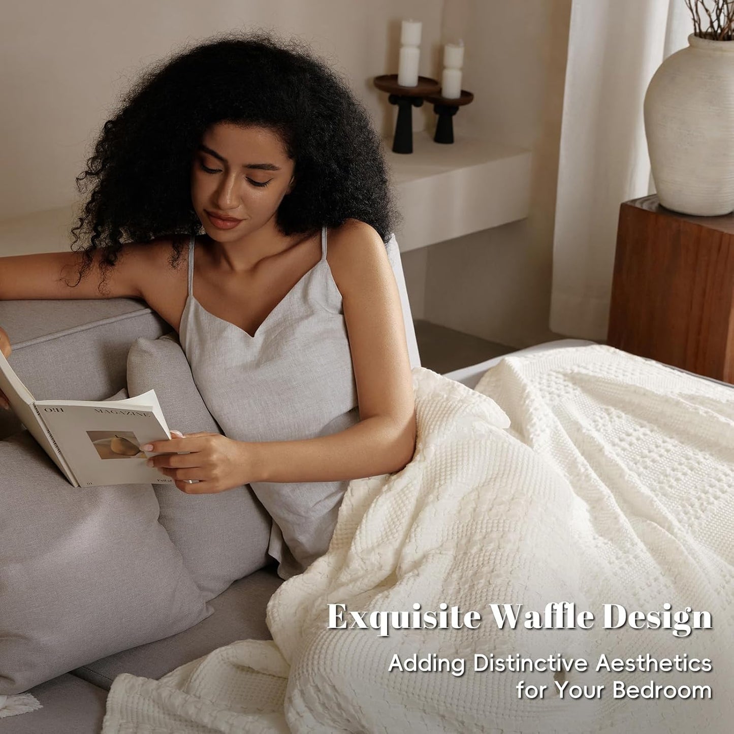 PHF 100% Cotton Waffle Weave Blanket Twin Size, Soft Lightweight Breathable Cozy Summer Blankets for Bed, Luxury Aesthetic Woven Bedding for Home Decor, 66"x90", Ivory