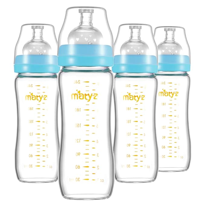 Matyz Glass Breastmilk Baby Feeding Bottle with Nipple, 4 Pack, 8 oz Slim and Light Bottle Easy to Hold, Food Grade Borosilicate Glass, Wide Neck Easy to Clean, No BPA (Blue Lids)