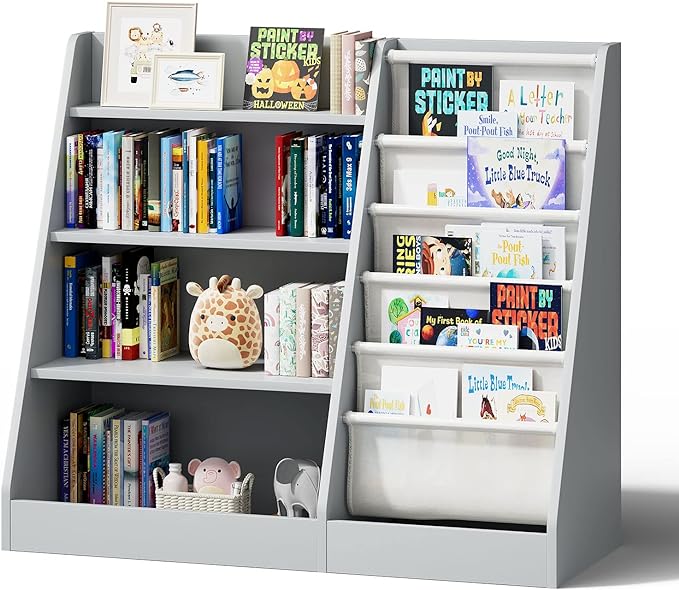Gray 4 Tier Kids Wooden Bookshelf,Five Layer Sling Toddler Front Facing Bookcase,Baby Kids Storage Book Rack,Book and Toy Organizer Cabinet,Child Book Display Playroom Nursery Bedroom