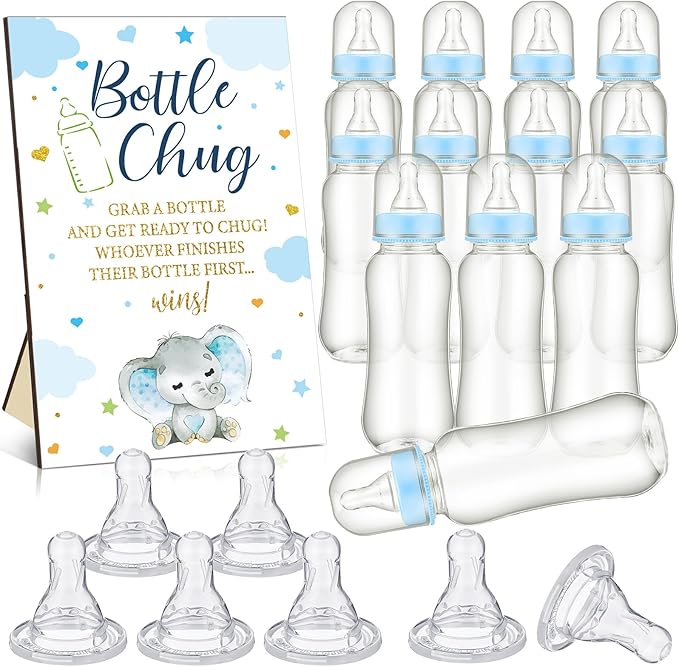 TrelaCo Blue Elephant Cool Baby Shower Games Bottle Chug Sign Wooden Elephant Theme Gift Sets Gender Reveal Party Favors and 12 Pcs Baby Bottle Shower Favor for Games Gender Reveal
