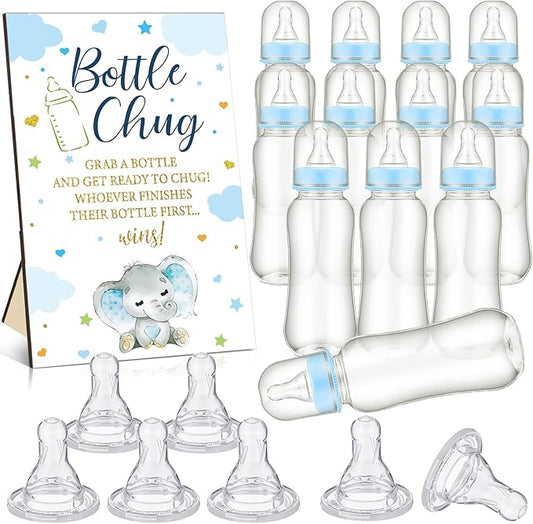 TrelaCo Blue Elephant Cool Baby Shower Games Bottle Chug Sign Wooden Elephant Theme Gift Sets Gender Reveal Party Favors and 12 Pcs Baby Bottle Shower Favor for Games Gender Reveal