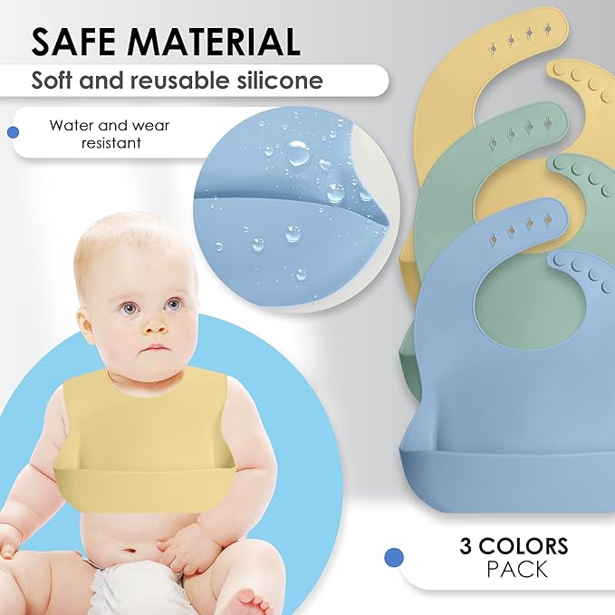 Bluet B - Set of 3 Waterproof Silicone Baby Bibs - BPA Free Silicone Baby Bib - Flexible and Soft