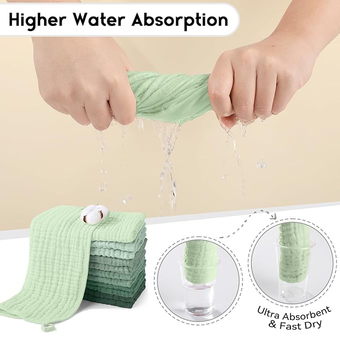 Muslin Burp Cloths for Baby 100% Cotton Burping Cloths for Boys Girls Large 20''X10'' Extra Soft and Absorbent 12 Pack - Gradient Green