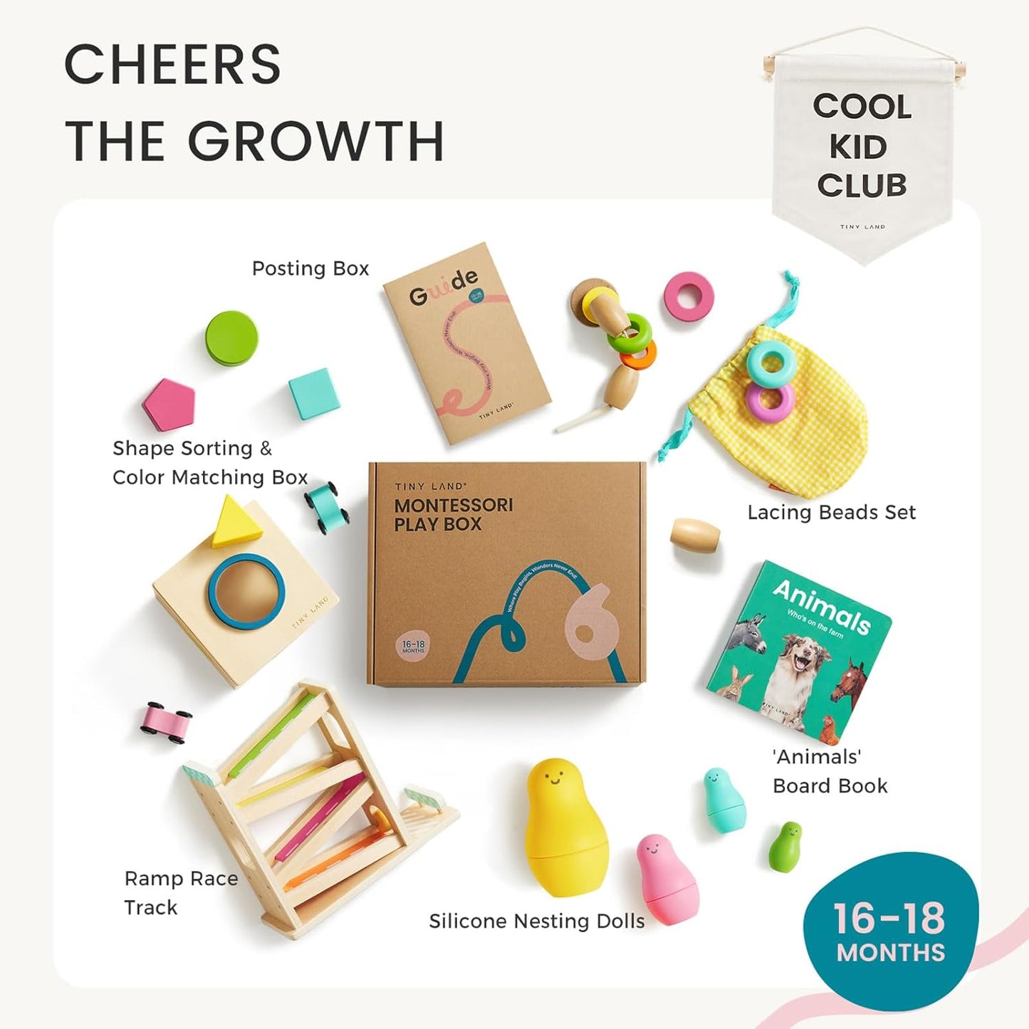 Tiny Land Montessori Toy Set for Baby 16-18 Months Adventure Play Kit - 7-in-1 Ramp Race Track, Shape Sorting and Color Matching Box, Lacing Beads Set, Silicone Nesting Dolls, Animals Board Book