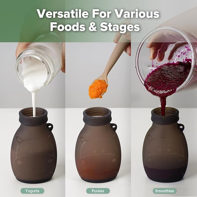 haakaa Hippo Pouch – Reusable Pouches for Toddlers, Reusable Baby Food Pouches for Homemade Organic Purees, Juices, Smoothies, and Yogurt, 9oz, 4 Pack, (Grey)