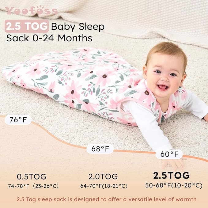Yoofoss Baby Sleep Sack 12-18 Months, TOG 2.5 Baby Wearable Blanket with 2-Way Zipper, 100% Organic Cotton Fabric Winter Newborn Sleeping sack, Warm Soft Comfy(Large)