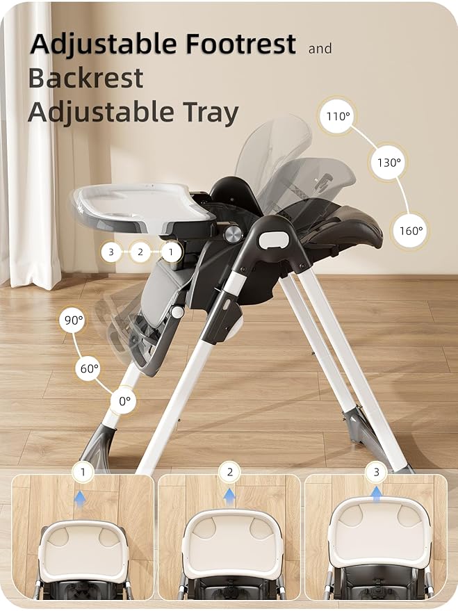 High Chair, Foldable High Chairs for Babies and Toddlers with Removable Tray, Height Adjustable Feeding Chair, Adjustable Backrest and Footrest, Black