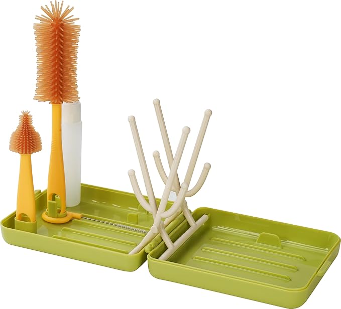 Travel Bottle Cleaner kit, 6in1 Baby Toddler Travel Essential Silicone Bottle Brush Set, Baby Bottle Soap Dispense, Drying Rack, Nipple, Straw Breast Pump Cleaning, Storage Case, Gift for Moms (Green)