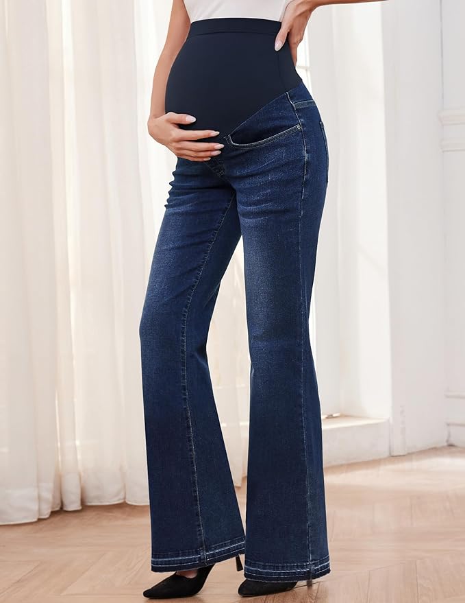 GLAMIX Women's Stretch Maternity Bootcut Jeans with Pockets Over The Belly Bell Bottoms Flare Denim Pants Pregnancy Clothes