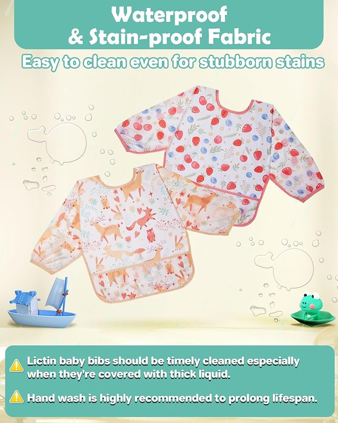 Lictin 3 Pack Baby Bibs for Boy or Girl, Cute Long Sleeve Bib, Waterproof Bibs for Toddlers,Adjustable Closure Baby Smock, Mess Proof Baby Bib, 6-24 Months Reusable Infant Baby Bibs
