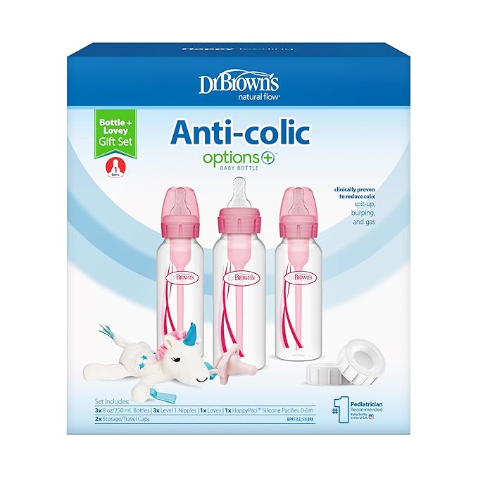 Dr. Brown’s Natural Flow Anti-Colic Options+Narrow 8oz/250mL Baby Bottle + Lovey Gift Set with Level 1 Slow Flow Nipples, Pink
