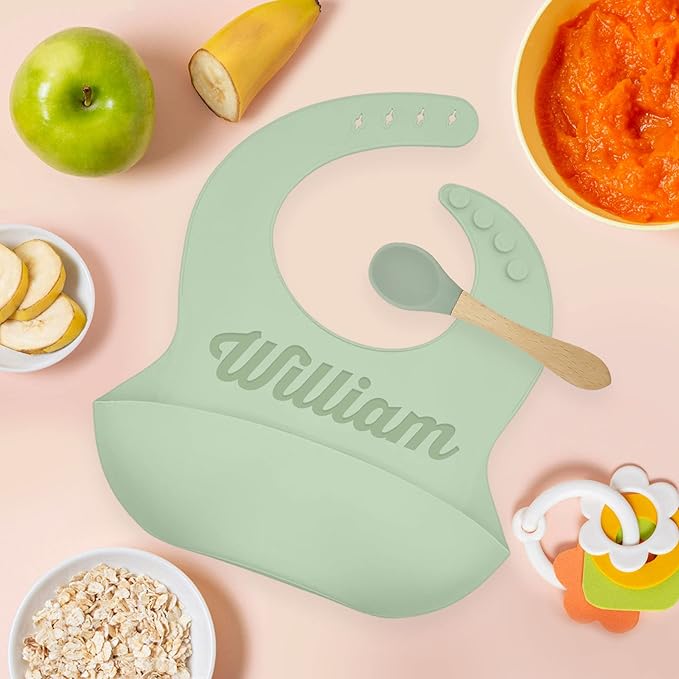 Personalized Silicone Bib and Spoon Set with Custom Name, Babies/Toddlers Durable Adjustable with Pocket for Baby Boy & Girl