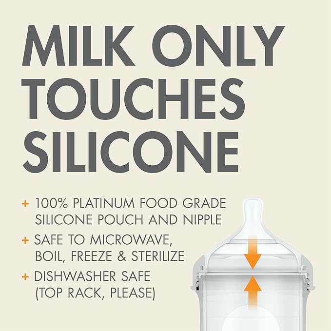 Boon Nursh Reusable Silicone Pouch Baby Bottles - Medium Flow Nipple - Silicone Baby Bottle Pouch and Nipple - Baby Feeding Essentials - Gray - 3-6 Months - 3 Count - 8 Ounce