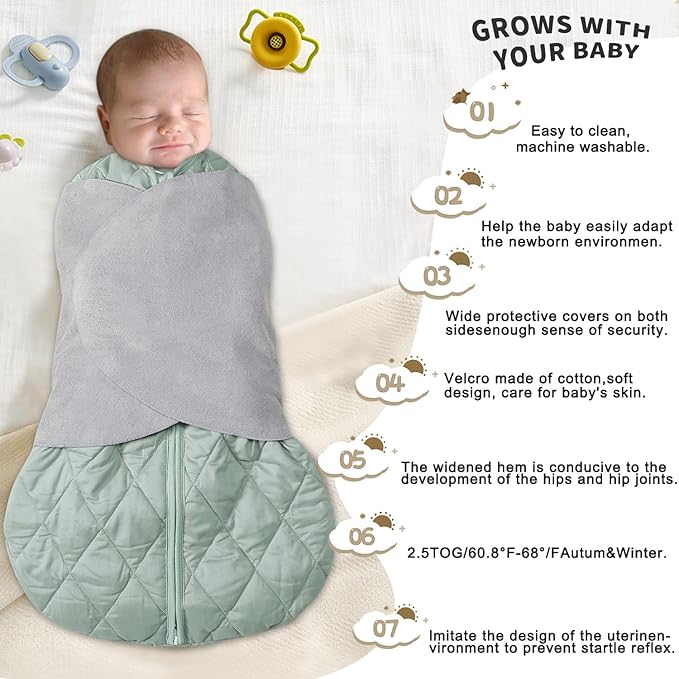 Newborn Sleep Sack Baby Swaddle,3-Way Adjustable Wearable Blanket,Swaddling Sleeping Bag,TOG 2.5 (Green, 0-3 Months)