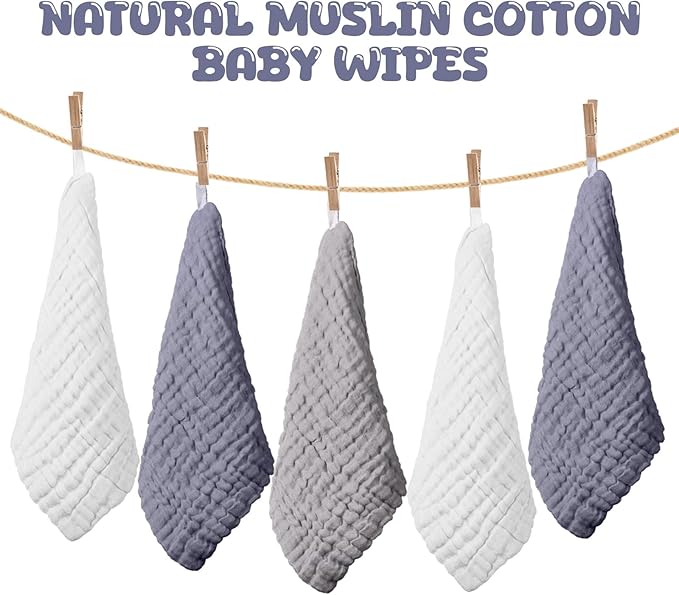 Breling 20 Pcs Baby Muslin Washcloth 12 x 12 Inch 100% Cotton Soft and Absorbent Muslin Washcloth Burp Cloth Wipe Newborn Face Towel for Baby Boy Girl Sensitive Skin(White, Light Gray, Gray)