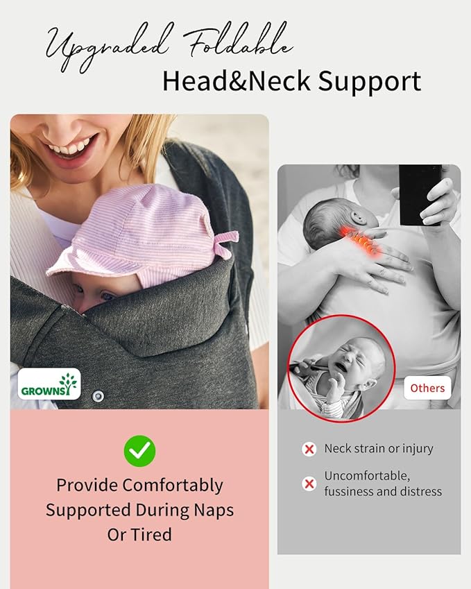 GROWNSY Baby Carrier Newborn to Toddler, Cozy Baby Wraps Carrier, Ergonomic Baby Carrier with Head Support, Deep Grey