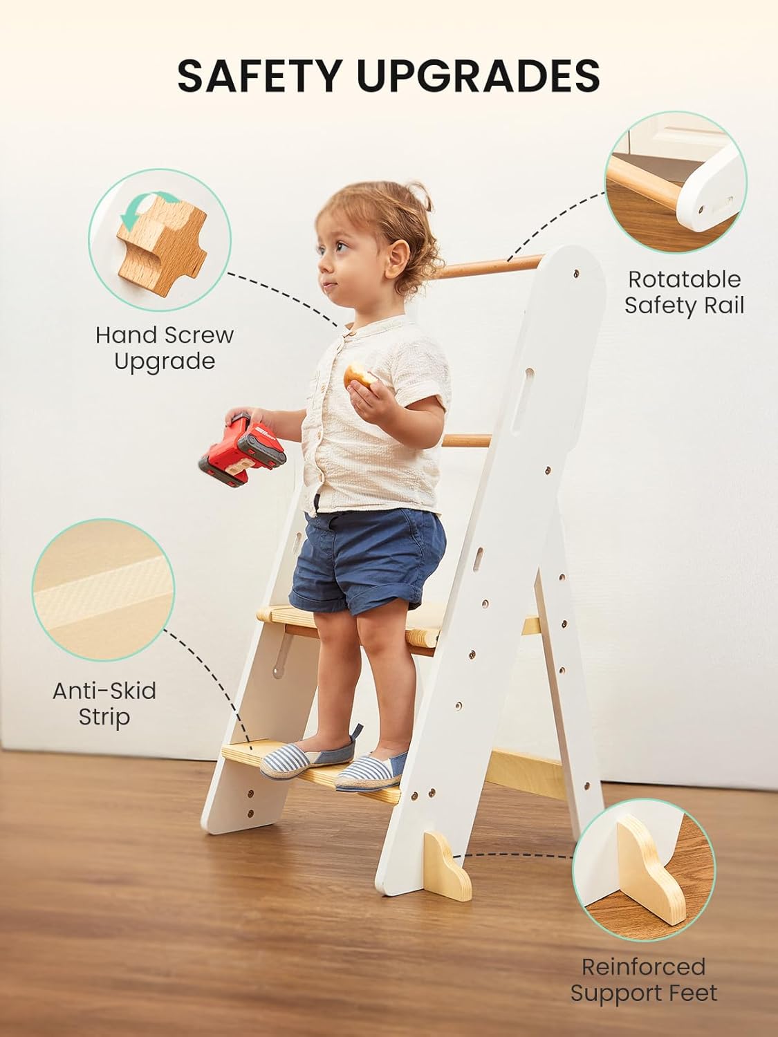 GROWNSY Foldable Toddler Tower, Toddler Kitchen Standing Helper, Kids Learning Tower with 3 Adjustable Heights and Safety Net for Kitchen Bathroom Sink Counter (White)