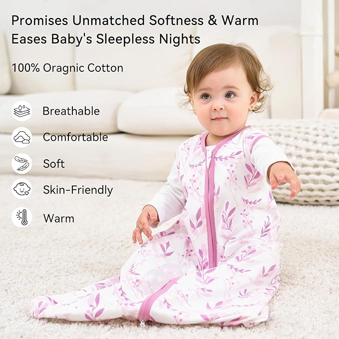 Baby Sleep Sack 18-24 Months 1.0 Tog Baby Wearable Blanket 100% Cotton Sleeping Sack with 2-Way Zipper for Toddler Infant Purple Leaf