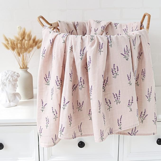 LifeTree Baby Swaddle Blankets Girls, Organic Muslin Swaddle Blankets Unisex Swaddling Wrap Receiving Blanket for Newborn, Organic Cotton, Large 47 x 47 inches, Lavender & Mauve