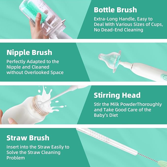 Electric Bottle Brush,Electric Baby Bottle Brush Set with Silicone Bottle/Pacifier/Straw Brush and Mixing Head, Water Bottle Cleaner Brush with Drying Rack, 2 Modes & 360° Rotation (Green)