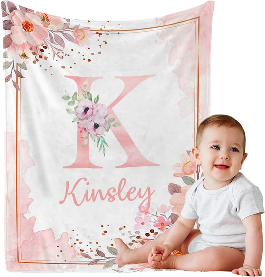 Personalized Baby Blanket with Name, Custom Floral Name Blanket Toddler Girls Soft Flannne Receiving Blankets Customized Memorial Gift for Infant Newborn Shower
