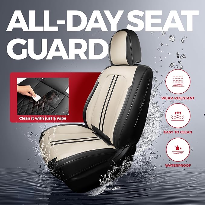 FREESOO Front Seats 2PCS Leather Car Seat Covers, Ultra Breathable Waterproof Seat Covers for Cars Trucks SUV, Carseat Protector Car Seat Cover Fit for Most Vehicles, Black Beige