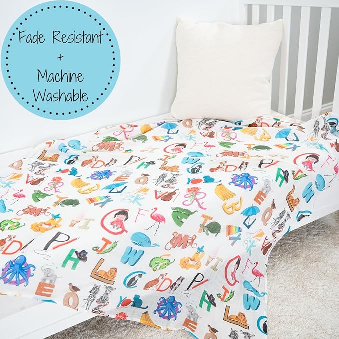 LollyBanks Swaddle Blanket - 100% Cotton Muslin, Neutral 47 x 47 Inches, Baby Blanket for Boys & Girls, Registry (Alphabet Print)