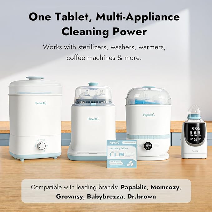Papablic Descaling Tablets, 25 Count – Compatible with Baby Brezza, Momcozy, Papablic Bottle Washer, Warmer, Sterilizer & Formula Maker – Removes Milk & Limescale for Better Performance