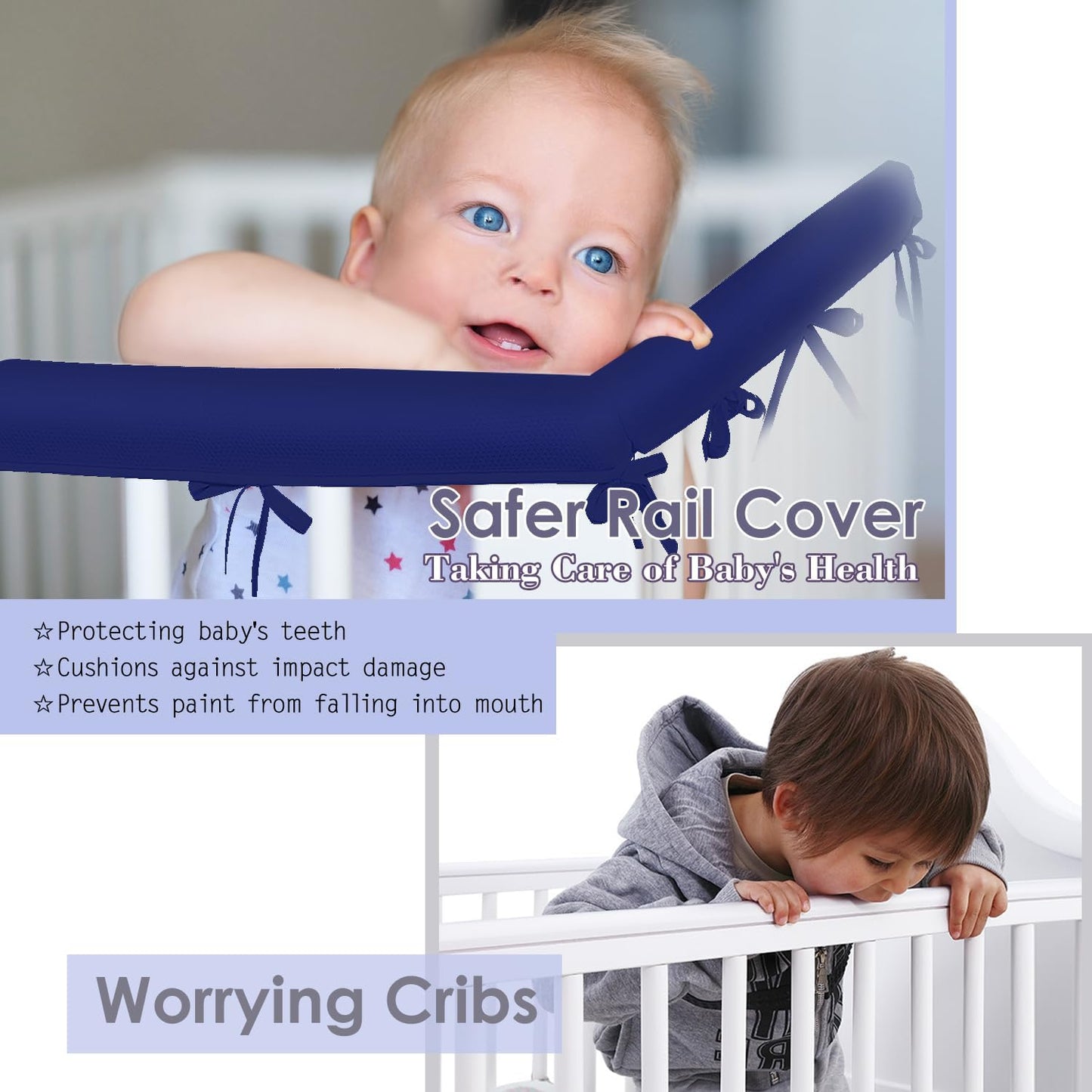 3 in 1 Crib Mesh Liner for Life Size Cribs,White Soft Anti-Collision Strip Corner Covers,Protect Baby Teeth and Save Crib Rails, Rail Edge Protector Strip (Blue)