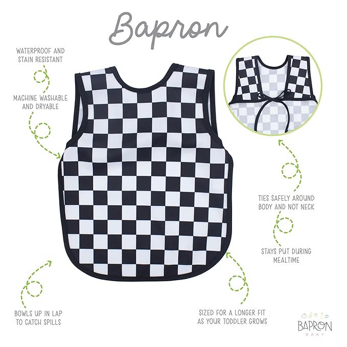 BapronBaby Black Checkerboard Bapron - No Neck Tie Safer Bib for Baby & Toddler - Soft Waterproof Stain Resistant - Machine Washable - Sz Baby/Toddler 6m-3T