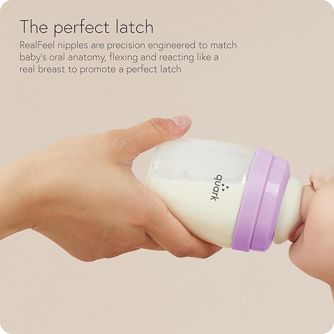 BuubiBottle Mini Slow Flow Bottle for Newborn Babies by Quark - with Anti-Colic RealFeel Nipple to Simulate Breastfeeding - BPA-Free, PVC-Free, Toxin-Free - 5 Oz Bottle with Lid, 2 Pack - Purple