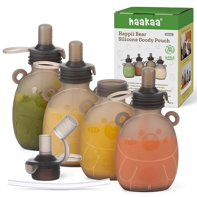 Haakaa Happii Bear Silicone Goody Pouch,Reusable Baby Food Pouches for Homemade Organic Purees, Juices, Smoothies, and Yogurt - Perfect for Toddlers and Kids - 4 Pack, 6oz